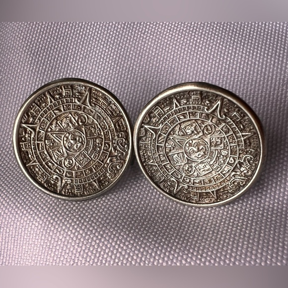 Vintage Aztec Sunstone Calendar Sterling Silver Earrings 925 Designer - Picture 3 of 7